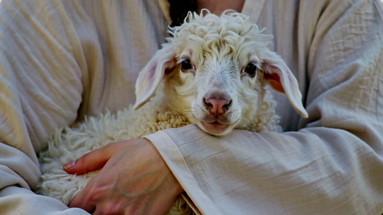 Eine friedliche Szene, in der Jesus sanft ein flauschiges Lamm hält und Wärme und Fürsorge vermittelt