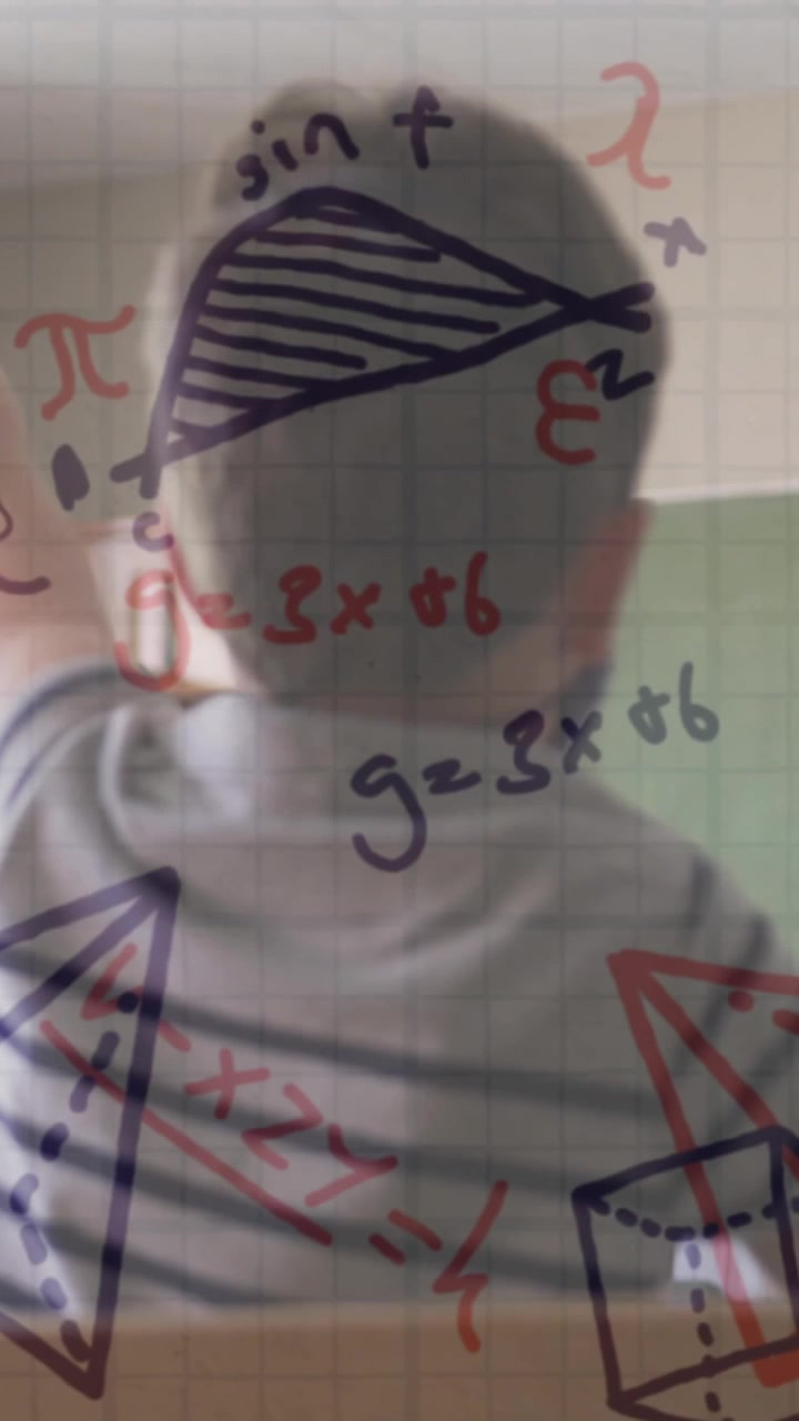 Animation of mathematical equations over diverse schoolchildren and teacher wearing face masks