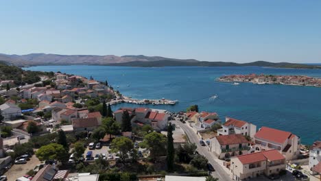 island of krapanj and brodarica village aerial panoramic coastline view, marina, houses and buildings sea sponge harvesting island, sibenik archipelago of dalmatia croatia