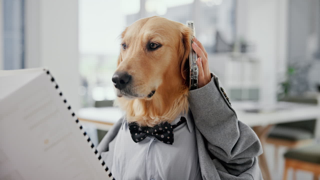 Dog in business suit on the phone