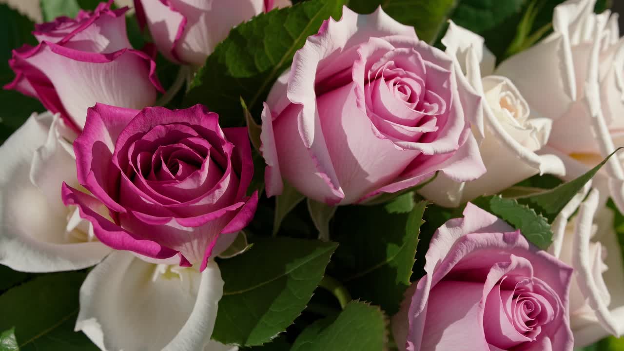 Close-up video angle of vibrant pink and white roses, showcasing delicate petals and lush green