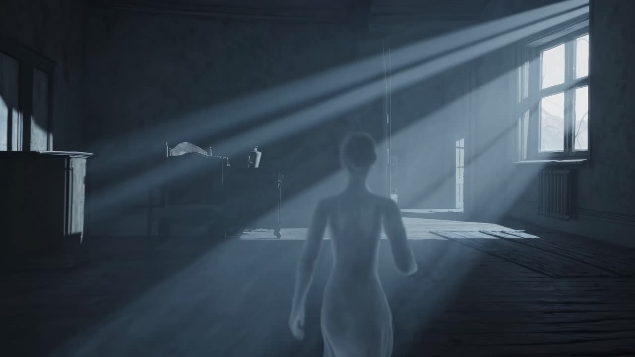 A ghostly figure in a dim room, backlit by dramatic window light, creates an eerie atmosphere
