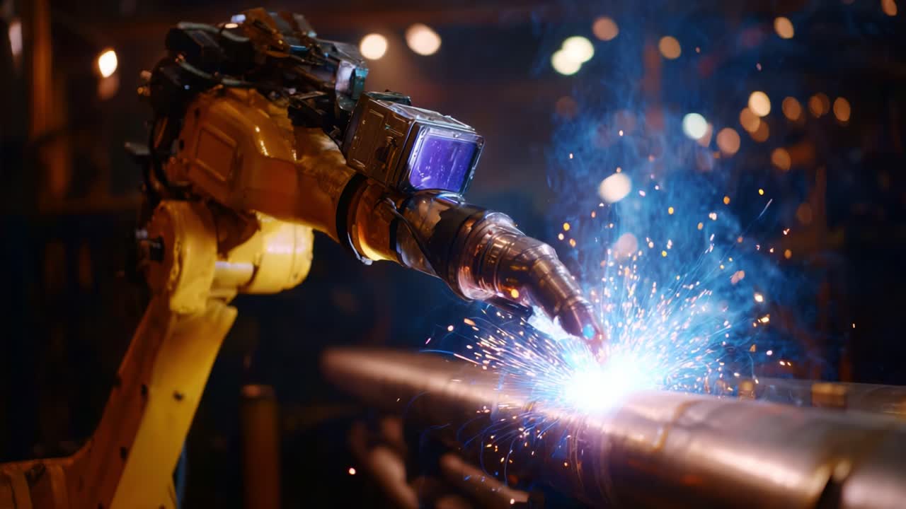 Advanced robotic arm performing welding task, creating sparks and smoke in an industrial setting, showcasing modern automation technologies and precise craftsmanship