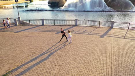 couple of professional dancers. aerial view of free young couple dancing outdoors