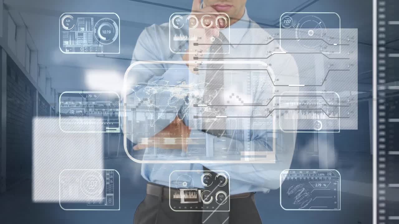 데이터 프로세싱의 애니메이션과 카우카스 사업가 자동차 주차장