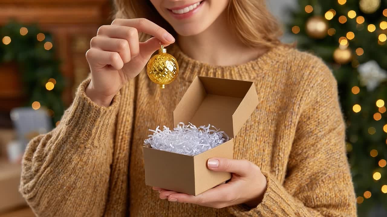 Joyful Woman Unveiling a Golden Ornament from a Festive Gift Box Surrounded by Holiday Cheer and Decorations in a Cozy Atmosphere