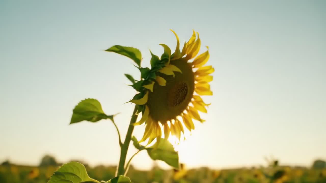 A Stunning Sunflower Captured in the Golden Glow of Sunrise, Showcasing Its Vibrant Petals and Rich Green Leaves Against a Clear Sky