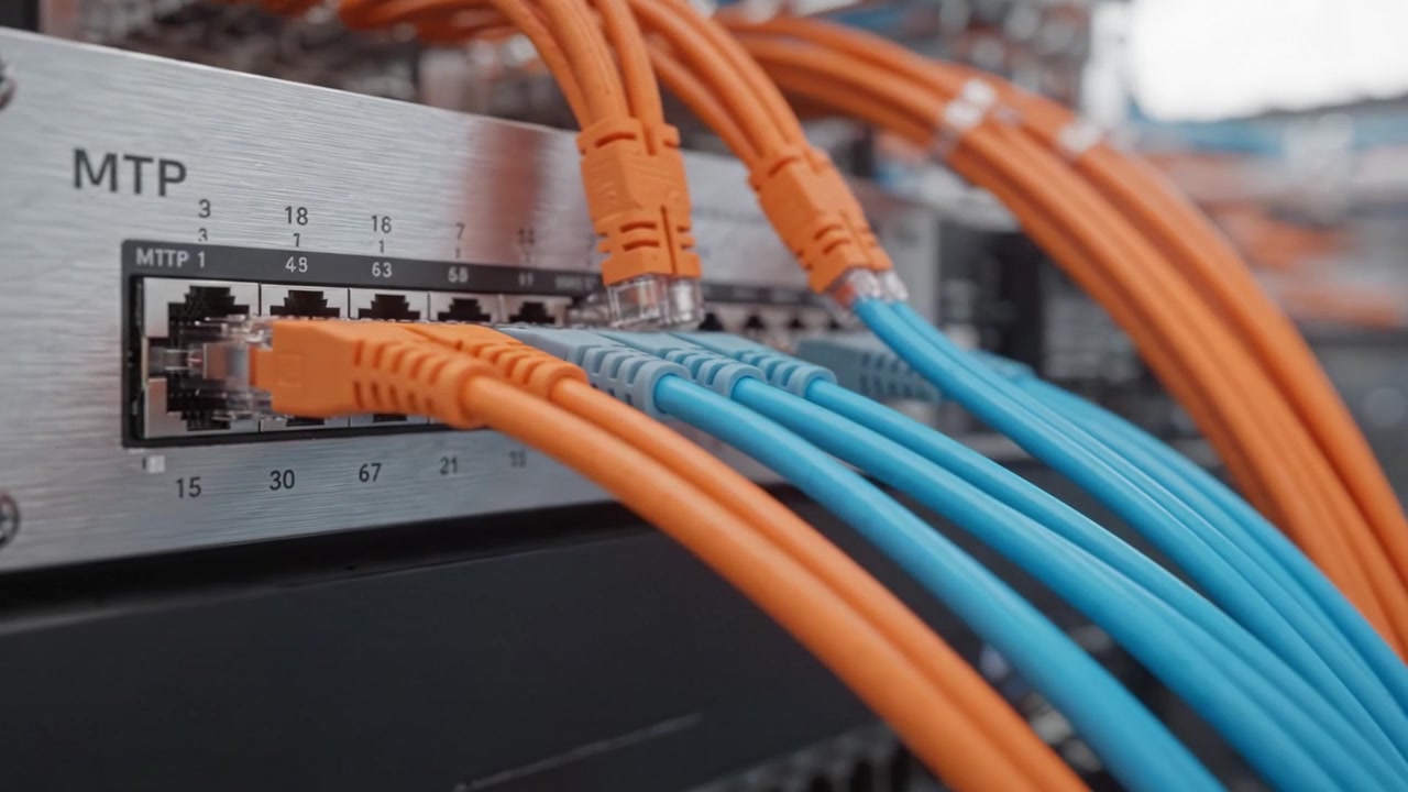 A Detailed Look at a Data Center Network Setup Featuring High-Volume Server Racks with Intricate Cabling Systems for Data Transmission and Connectivity