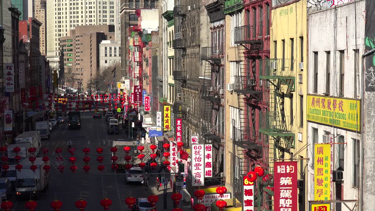 Establishing high angle shot of the Chinatown district of New York City 1