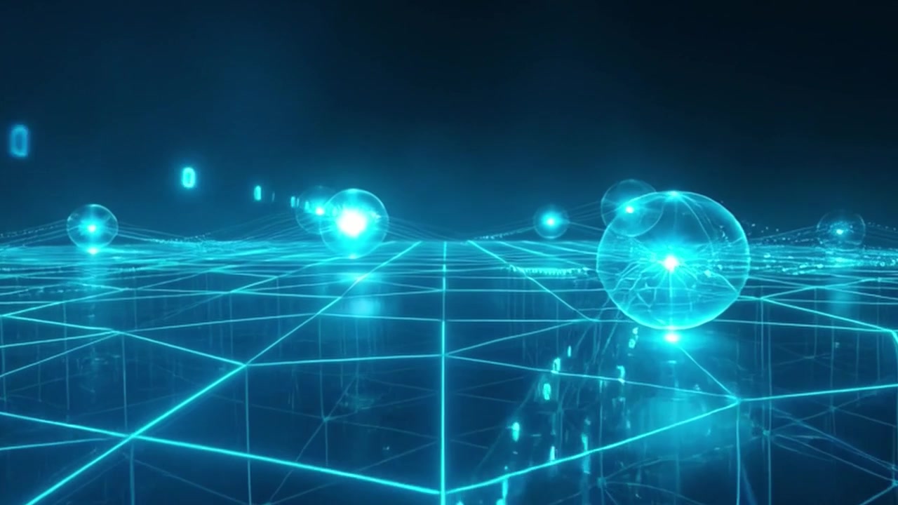Digital Data Network with Glowing Spheres and Binary Code