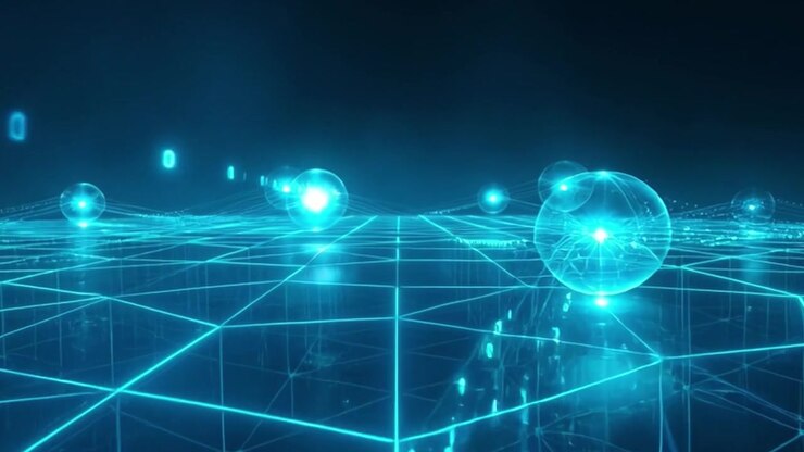 Digital Data Network with Glowing Spheres and Binary Code