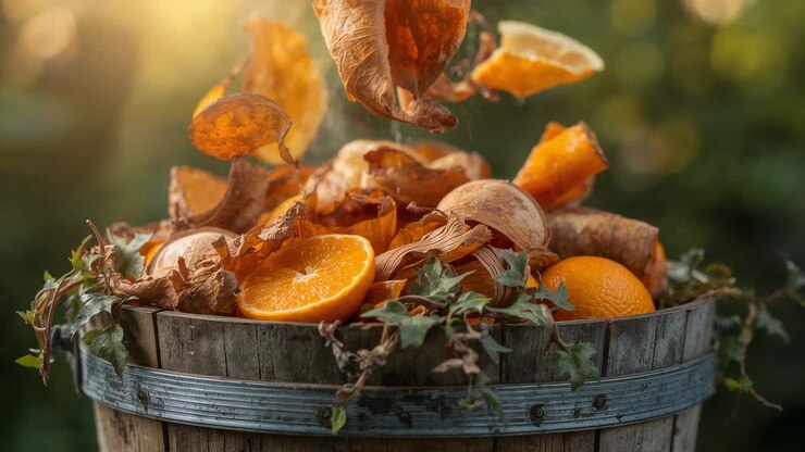 Dropping peel pieces landing in barrel at garden, piling around whole oranges and halved slices