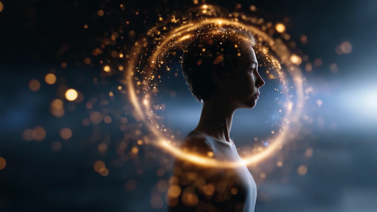 A captivating moment featuring a serene figure enveloped in a brilliant, glowing ring of light and sparkling particles, symbolizing tranquility and cosmic energy