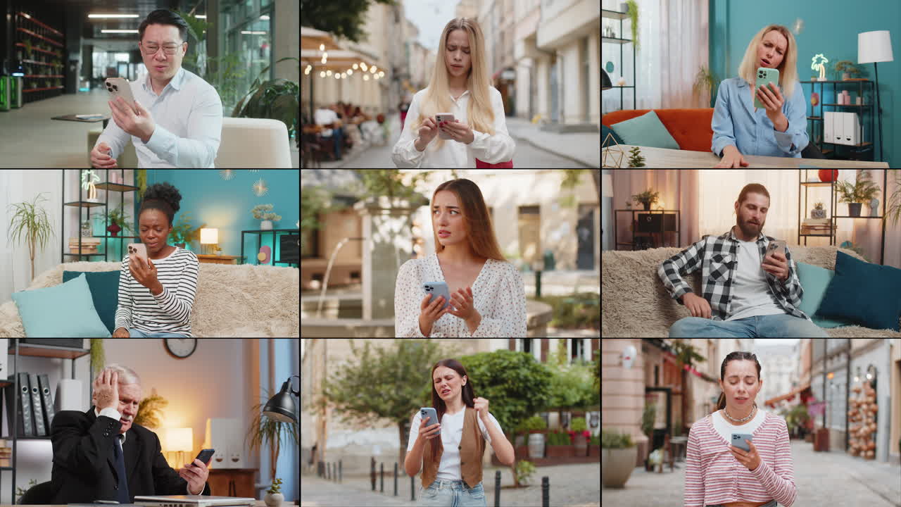 Collage of upset frustrated people men women using smartphone receive bad news loss game fail