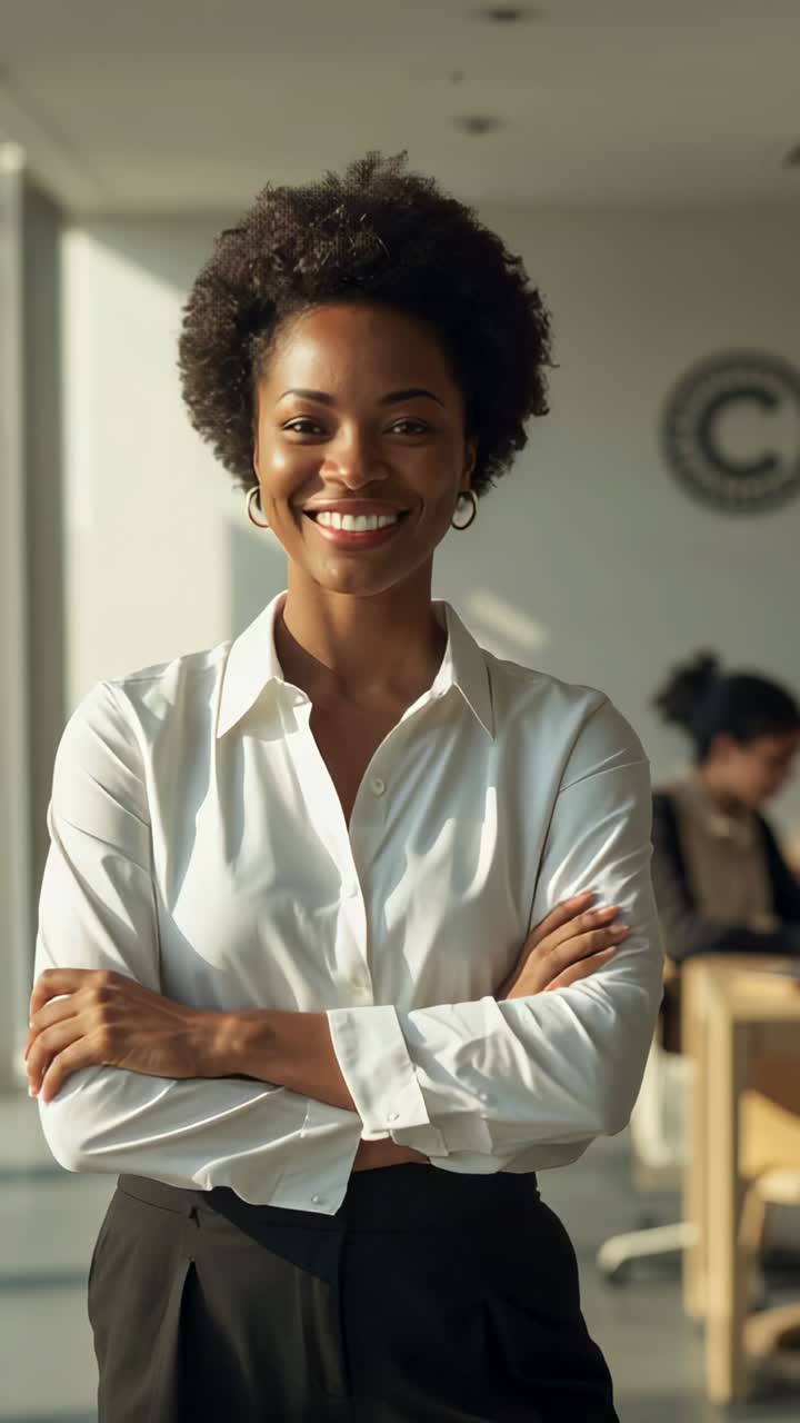 Vídeo vertical: Mulher sorrindo de camisa branca, preparando-se para o trabalho enquanto está em pé no escritório.