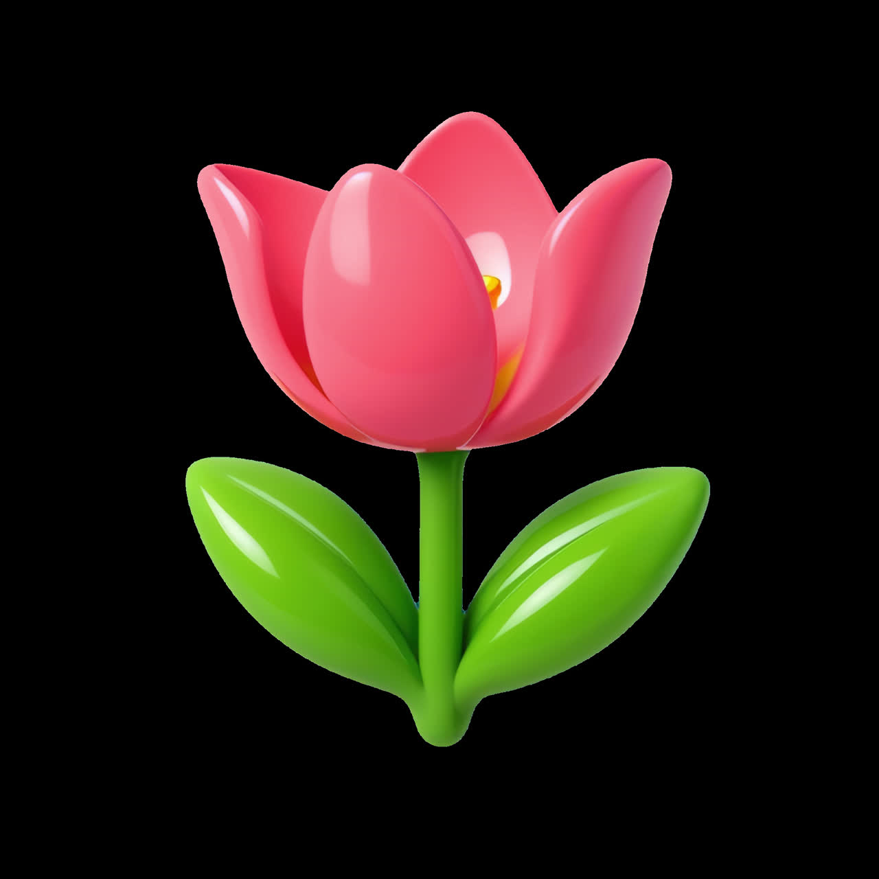 Glossy tulip with green leaves animation isolated asset, transparent 4K video, alpha channel, ProRes
