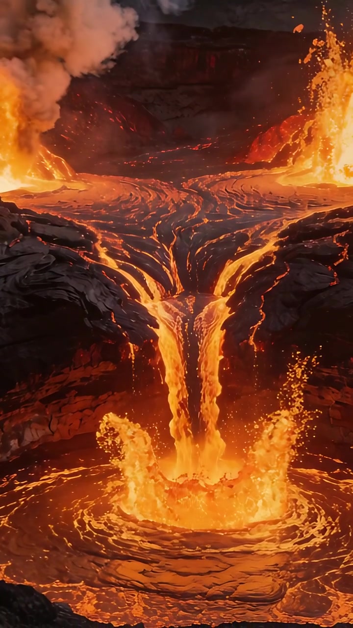 Vertical video: Merging lava streams from vents forming lava fall at crater, splashing into pool