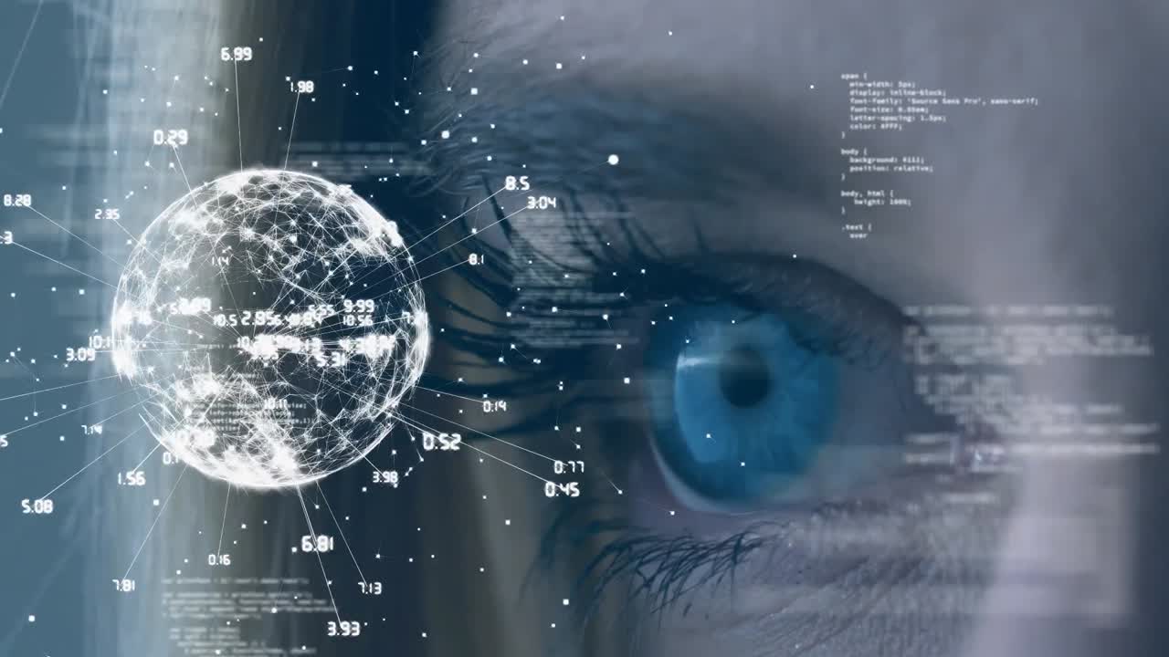 primo piano di un occhio blu che guarda un globo terrestre in rotazione digitale