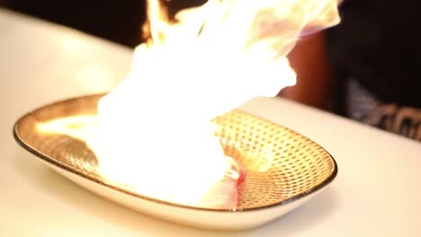 a chief puts sauce on a plate, close up shot, insert shot