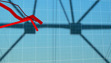 downward-trending red arrow being rendered over light blue grid, showing thin lines and perspective