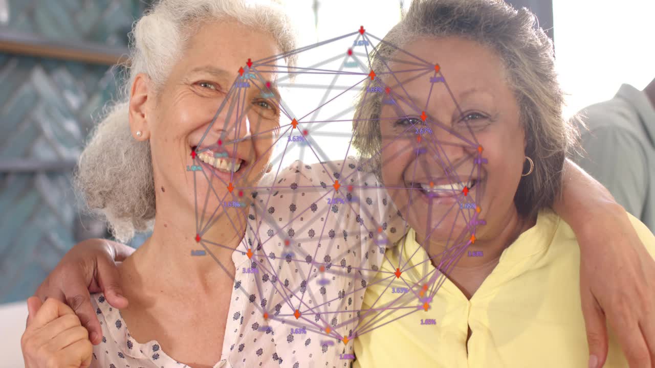 Two women sharing bond, leaning in, laughing, rising, network mesh animating chests for tech design