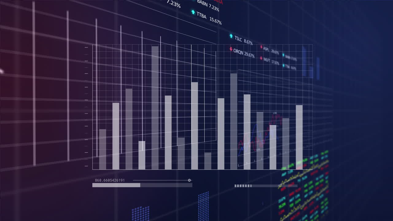 animación de gráficos, barras de carga, gráficos múltiples y tablas de negociación sobre un fondo negro