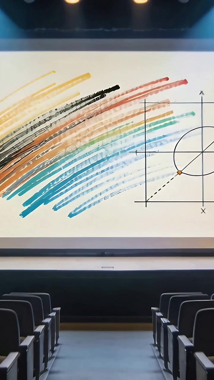 Video verticale: Telecamera che si muove lungo il corridoio di un auditorium, mostrando sullo schermo un primo piano di pennellate.
