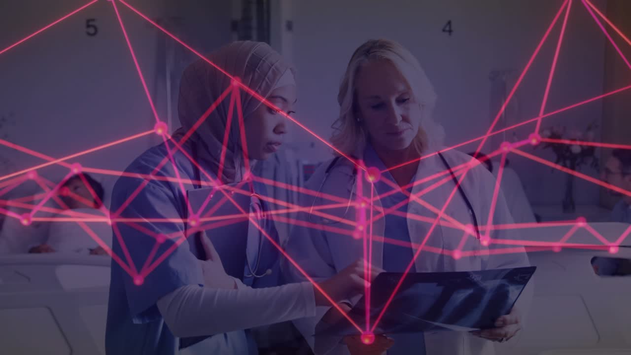 Medical team tapping tablet and analyzing X-ray amid pulsing network for diagnosis