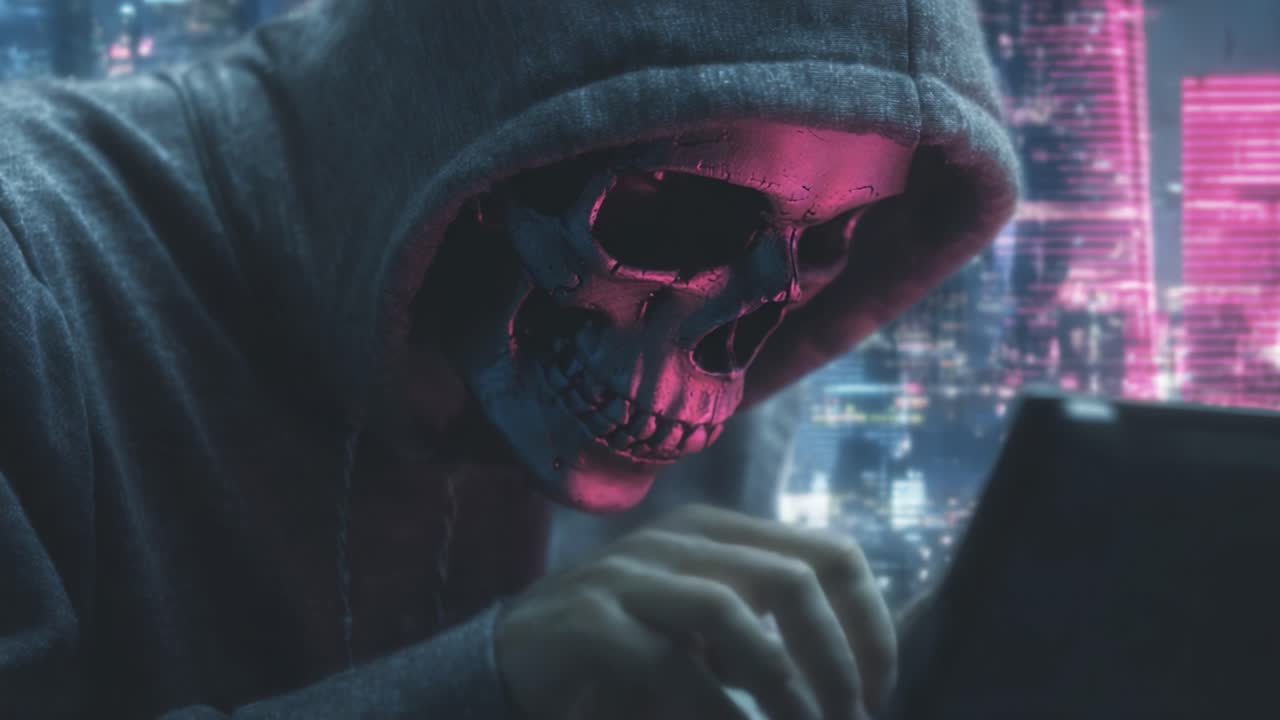 En mystisk skikkelse med hætte og en kranie-maske, der udfører spændende digital aktivitet mod en futuristisk bybaggrund