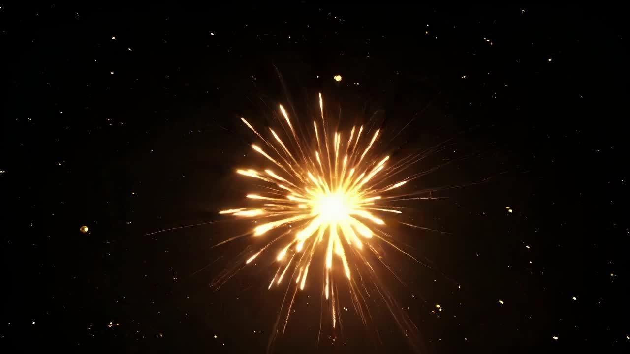 Flygvideo fångar en livfull fyrverkeriexplosion mot en mörk himmel, med en centrerad vinkel