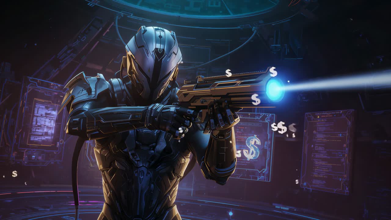 Firing armored soldier generating floating dollar symbols in control room showing digital credits