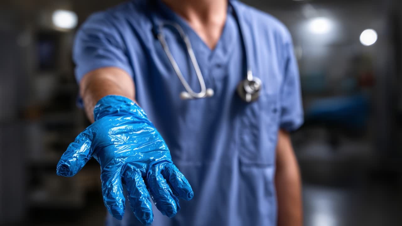 Healthcare Professional Extending Gloved Hand for Assistance, Symbolizing Care and Support in Medical Environment with Focus on Hygiene and Patient Safety