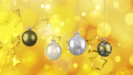 animación de estrellas que caen sobre las bolas de navidad
