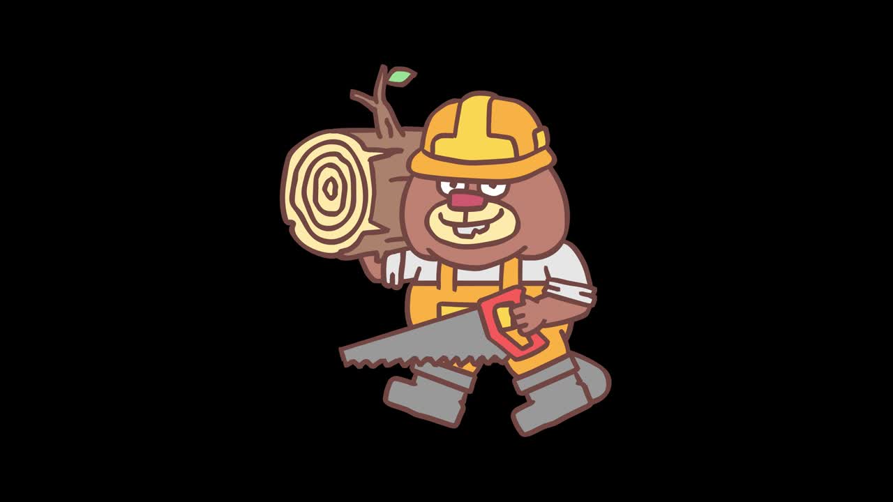constructor castor sosteniendo sierra sosteniendo tronco de madera y caminadas. cuadro por cuadro animación. canal alfa