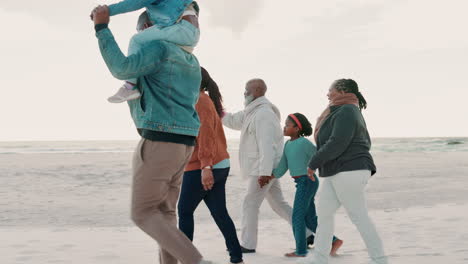 Beach,-walking-and-big-family-bonding-together