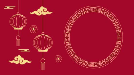 animation of chinese lanterns and shapes over circle on red background