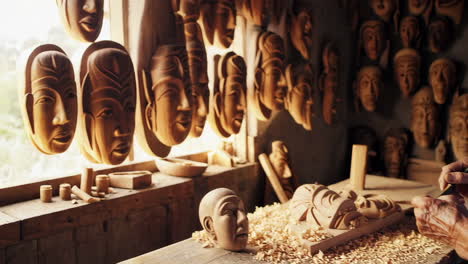 senior craftsman carving wooden masks in workshop