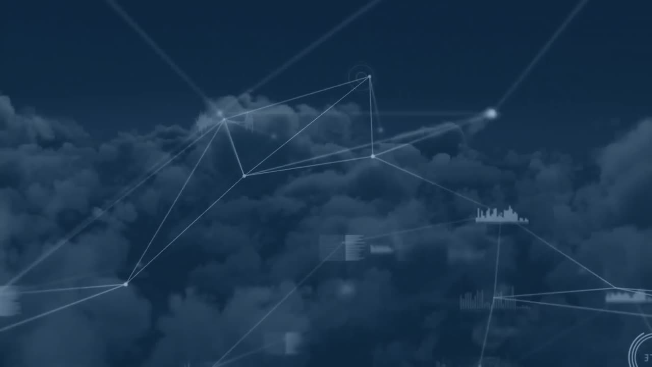 Animation of network of connections with statistics recording over clouds in background