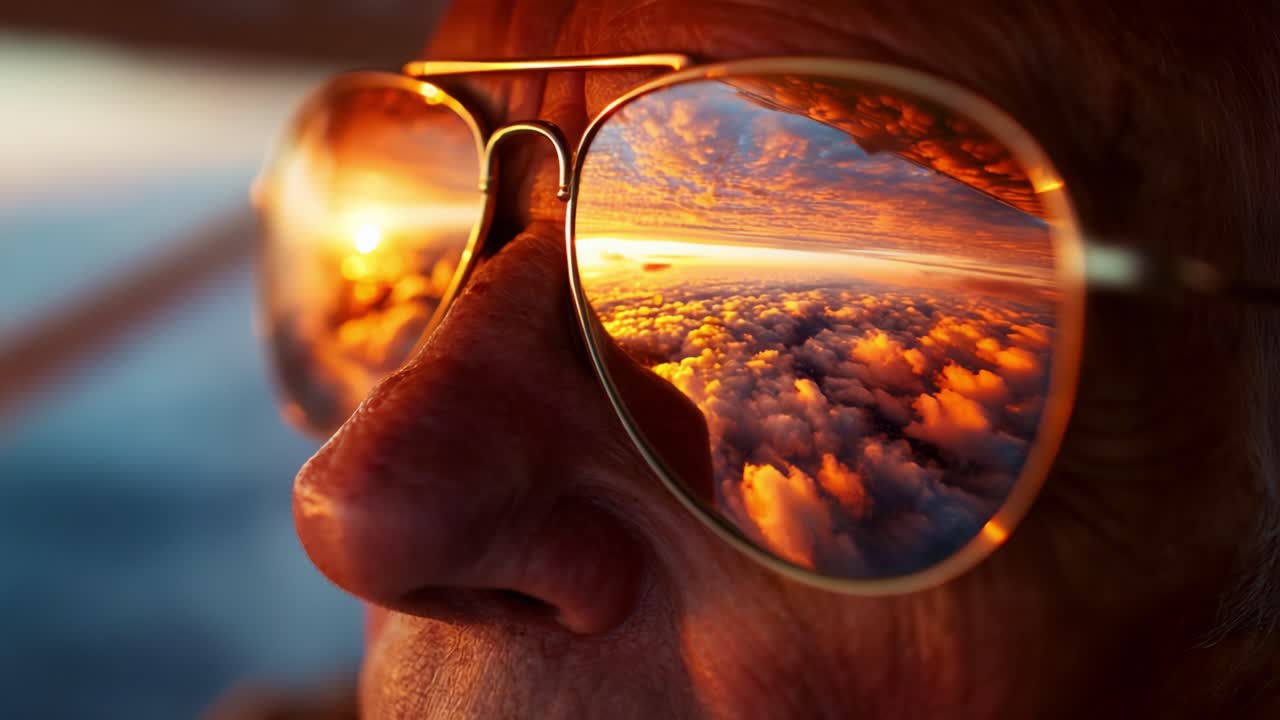 A captivating close-up view of an elderly person's face, their sunglasses reflecting stunning clouds and a vibrant sunset sky, creating a serene yet striking visual moment of nature's beauty