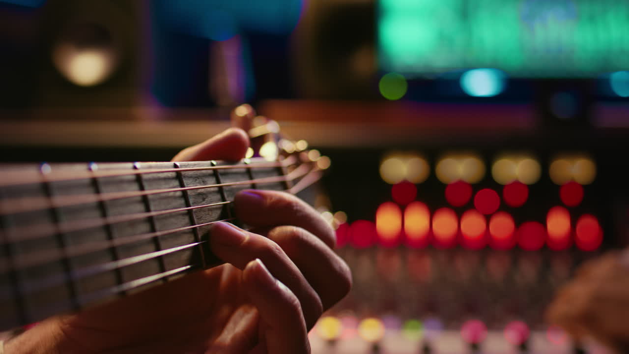 가수가 그의 전자 어쿠스틱 기타로 새로운 곡을 녹음하고 있습니다.