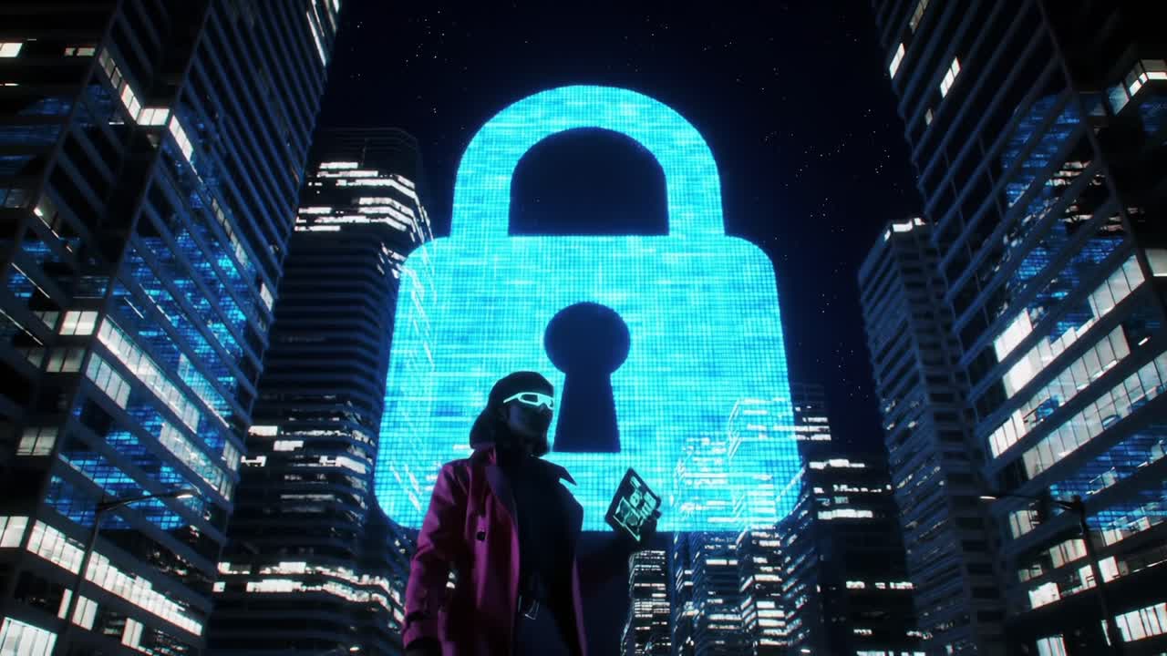 A futuristic scene featuring a figure in a stylish jacket and unique glasses, standing against a glowing digital padlock symbol on a city skyline, representing themes of security and technology