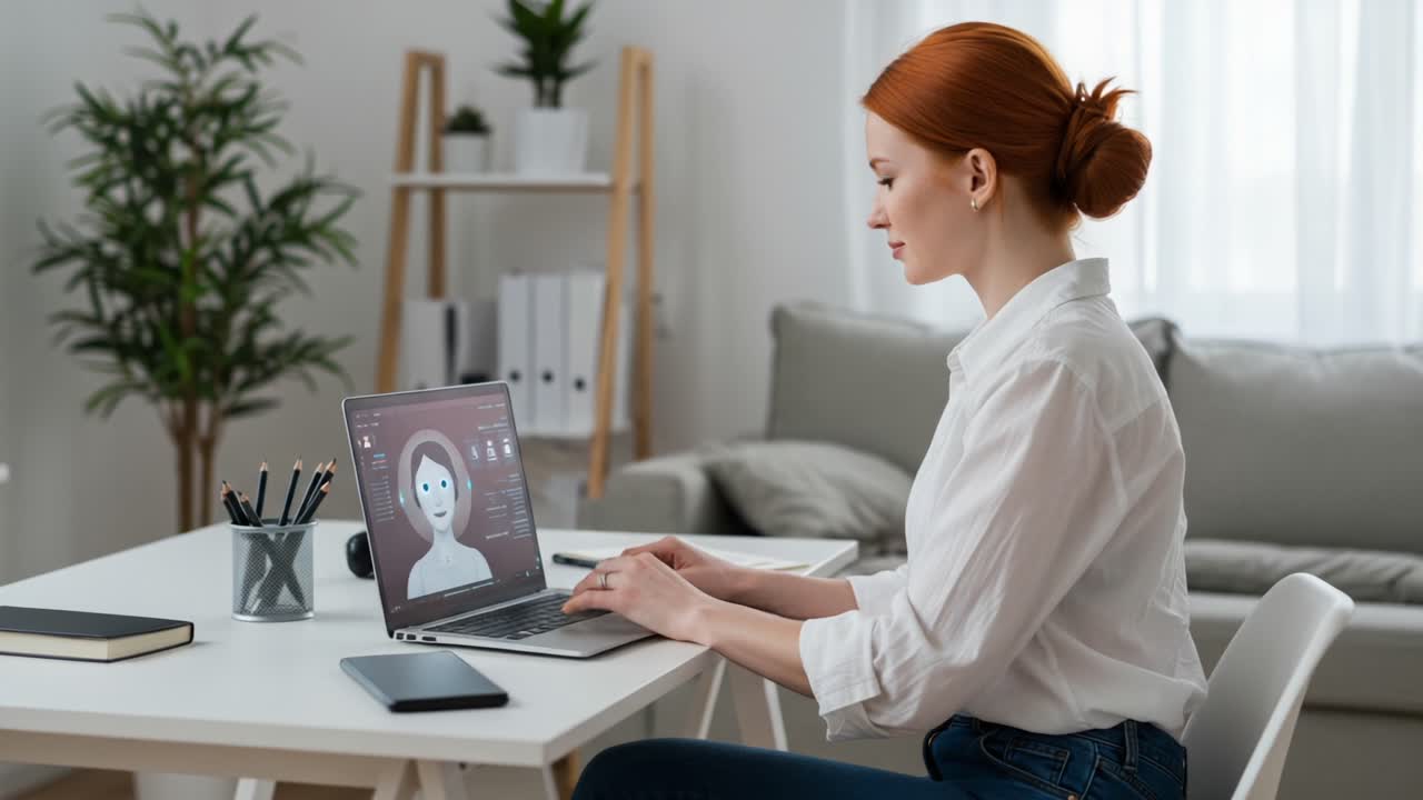 Focused Individual Engaged in Virtual Interaction at Workspace with Laptop Displaying Digital Character and Modern Home Background