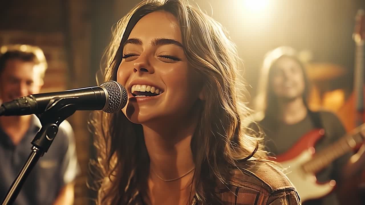 Uma mulher cantando em uma banda