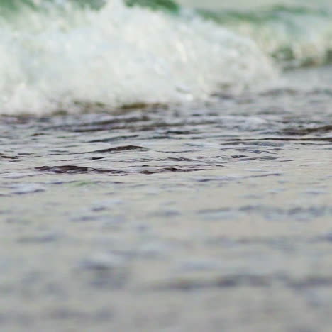 flowing sea water on the beach with white foam in the evening. the edge of the ocean with foam waves hitting into the shoreline background. close-up.