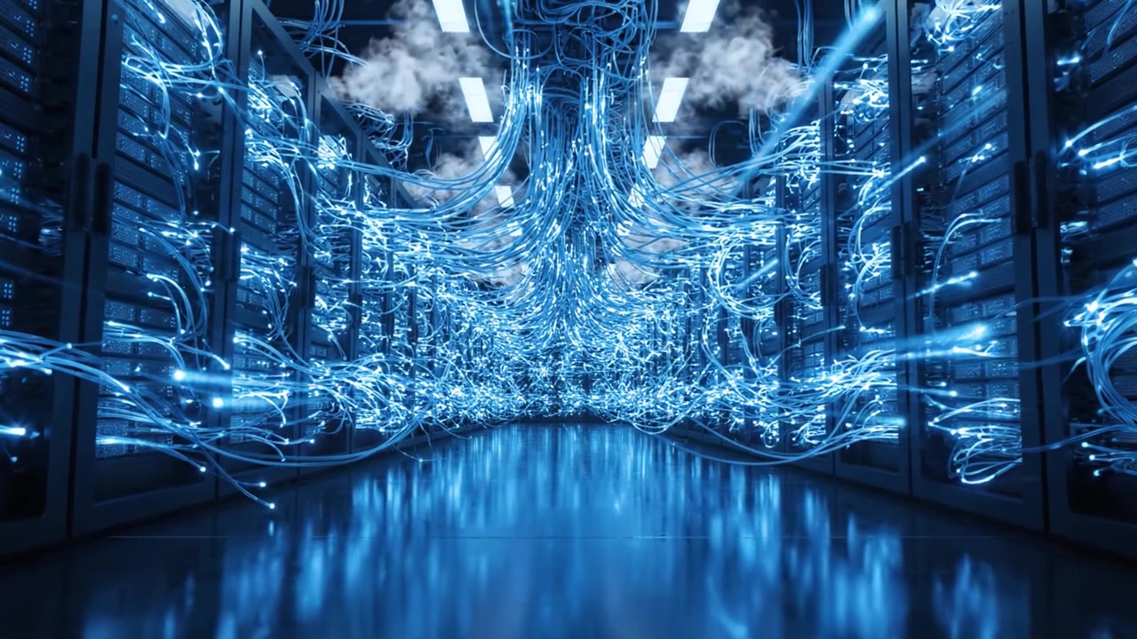 A dynamic visualization of a digital data center showcasing blue light streams and interconnected cables that represent the flow of information within a high-tech environment.