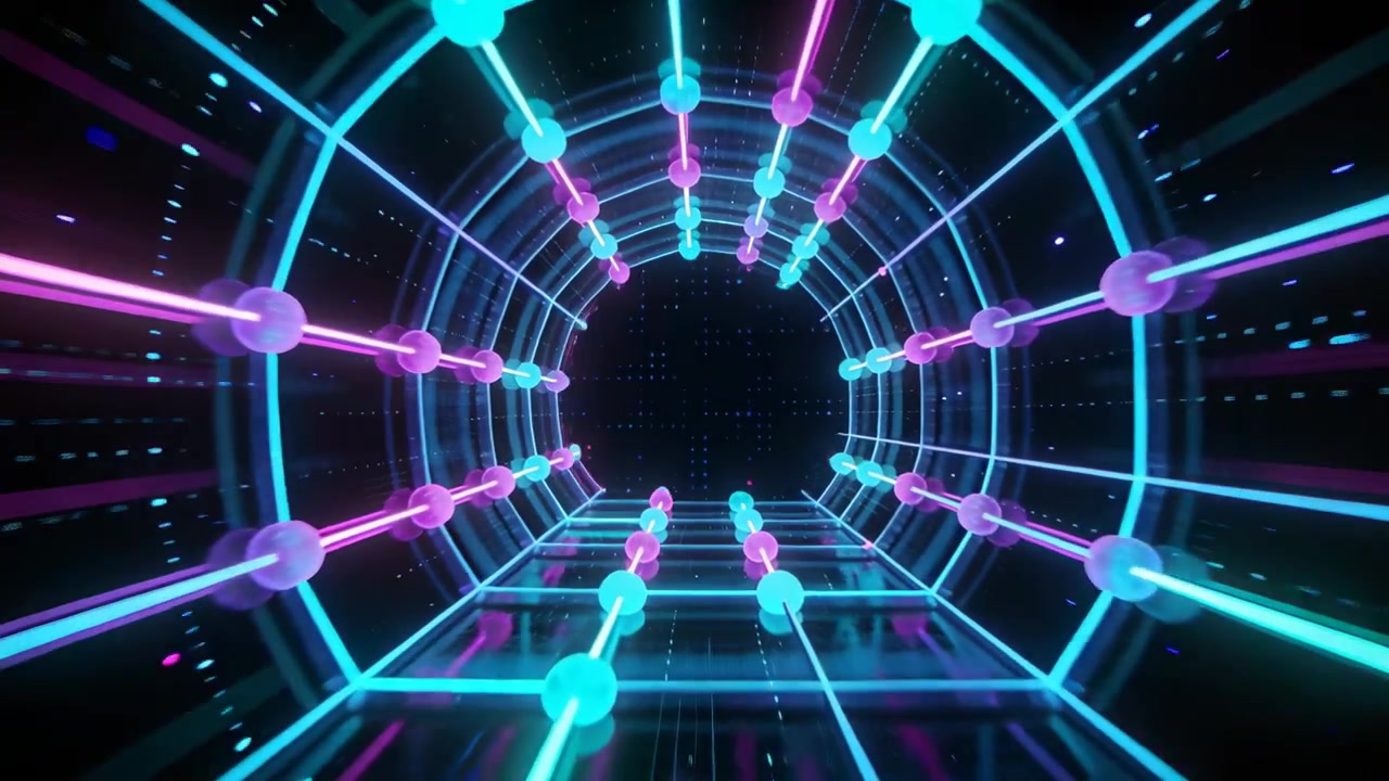 Telecamera in movimento che avanza attraverso un reticolo di tunnel al neon, mostrando nodi ciano-magenta pulsanti.