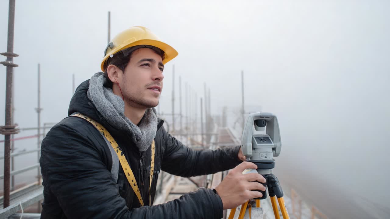 A construction worker surveying a foggy site using a total station, showcasing safety gear and focus on precise measurements for effective project management