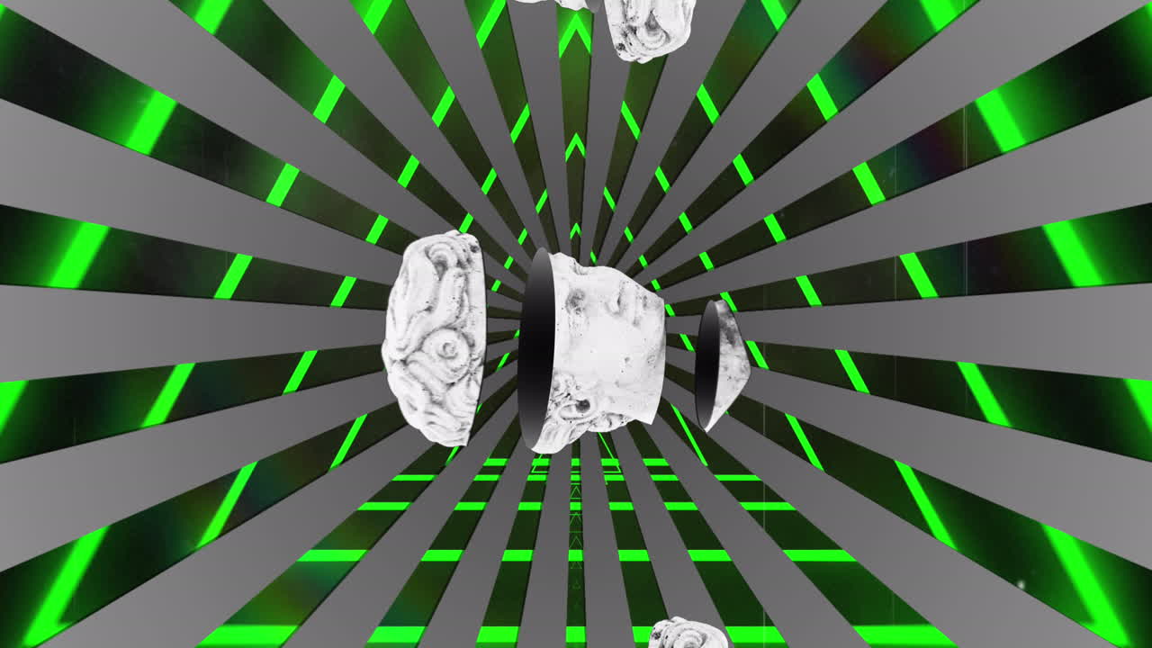 animación de antiguas esculturas de cabezas cortadas sobre un túnel de neón sobre un fondo negro.