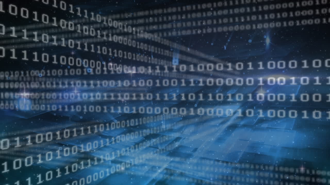 Animation of binary codes moving over stars and squares against abstract background
