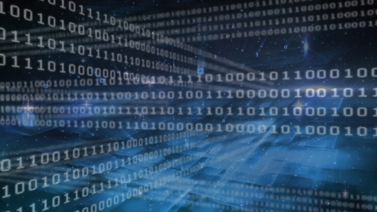 Animation of binary codes moving over stars and squares against abstract background